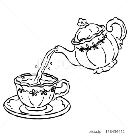 Vintage Floral Teapot Pouring Tea Into Porcelain Teacup Elegant Afternoon Tea Party Serving Line Art Illustration Vintage Floral Teapot Pouring Tea Into Porcelain Teacup Elegant Afternoon Tea Party Serving Line Art Illustration 138456452