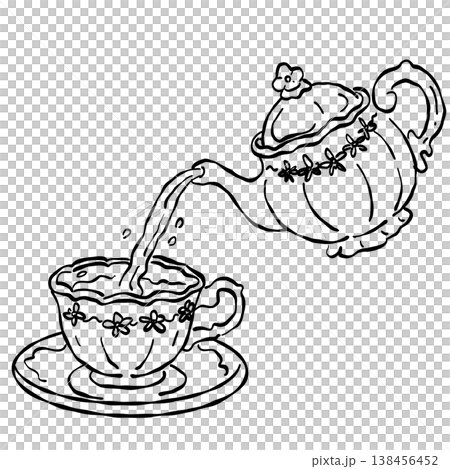 Vintage Floral Teapot Pouring Tea Into Porcelain Teacup Elegant Afternoon Tea Party Serving Line Art Illustration Vintage Floral Teapot Pouring Tea Into Porcelain Teacup Elegant Afternoon Tea Party Serving Line Art Illustration 138456452