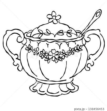Vintage Floral Porcelain Sugar Bowl With Spoon Elegant Tea Service Tableware Afternoon Tea Line Art Illustration 138456453