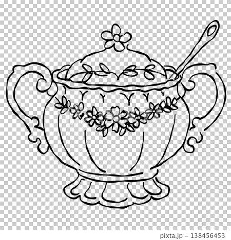 Vintage Floral Porcelain Sugar Bowl With Spoon Elegant Tea Service Tableware Afternoon Tea Line Art Illustration 138456453