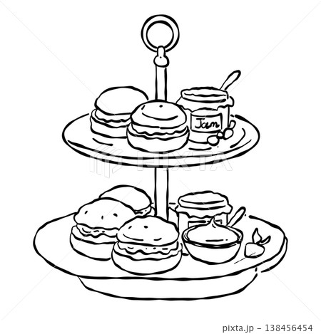 Elegant Afternoon Tea Dessert Stand With Macarons Jam Scones And Strawberries Vintage Tea Party Line Art Illustration 138456454