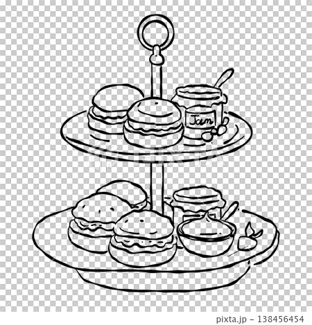 Elegant Afternoon Tea Dessert Stand With Macarons Jam Scones And Strawberries Vintage Tea Party Line Art Illustration 138456454