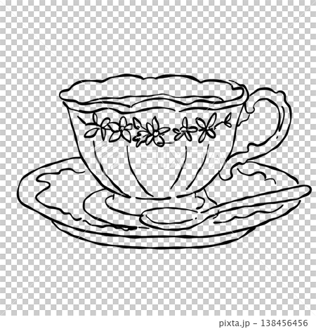 Vintage Floral Porcelain Teacup With Saucer Elegant Afternoon Tea Drink Romantic Tea Party Tableware Line Art Illustration 138456456