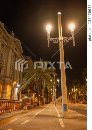 Palm lined promenade with street lights at night in Barcelona Spain urban cityscape Palm lined promenade with street lights at night in Barcelona Spain urban cityscape 138456656
