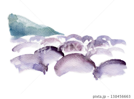 Lavender farmland pattern in purple flowering rows, distant mountain silhouette. Illustration hand drawn in loose watercolor. Agricultural landscapes, countryside posters, Provence travel imagery. 138456663