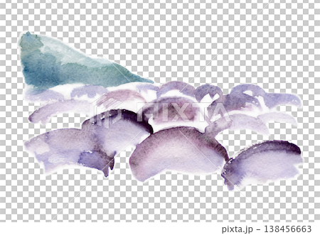 Lavender farmland pattern in purple flowering rows, distant mountain silhouette. Illustration hand drawn in loose watercolor. Agricultural landscapes, countryside posters, Provence travel imagery. 138456663