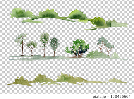 Rows of deciduous trees, low shrubs or bushes, lush foliage plants. Landscape isolated elements hand drawn in watercolor. Travel souvenirs design, farm tourism marketing, natural cosmetics visuals 138456664