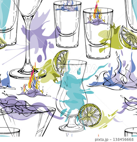 Flaming Sambuca, martini, vodka shots, Aviation and Ocean Breeze, electric lemonade. Cool cocktail tile hand drawn seamless pattern for nightlife branding, content backgrounds, stationery and merch. 138456668