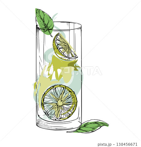 Vector Mojito Tropical composition, mint sprig, lime wheels garnish. Highball collins glass hand drawn in ink. Vibrant tones, minimalist contours, perfect for summer design kits and drink patterns. Vector Mojito Tropical composition, mint sprig, lime wheels garnish. Highball collins glass hand drawn in ink. Vibrant tones, minimalist contours, perfect for summer design kits and drink patterns. 138456671