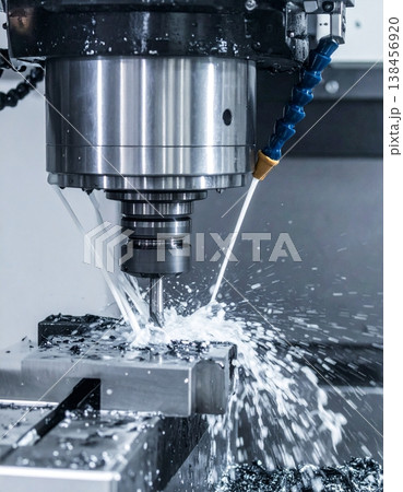 Precision meets power as streams of coolant spray dramatically from the high-speed mil Precision meets power as streams of coolant spray dramatically from the high-speed mil 138456920