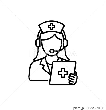 Female nurse with a communication headset and tablet, providing remote medical support and patient care assistance. Female nurse with a communication headset and tablet, providing remote medical support and patient care assistance. 138457014