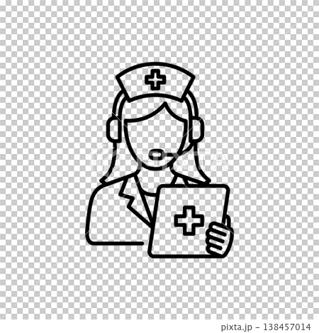 Female nurse with a communication headset and tablet, providing remote medical support and patient care assistance. Female nurse with a communication headset and tablet, providing remote medical support and patient care assistance. 138457014