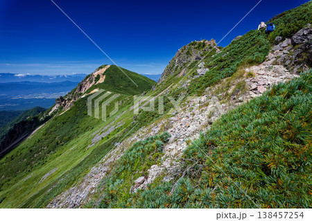 縦走路から振り返る八ヶ岳連峰・東天狗岳山頂と西天狗岳 縦走路から振り返る八ヶ岳連峰・東天狗岳山頂と西天狗岳 138457254