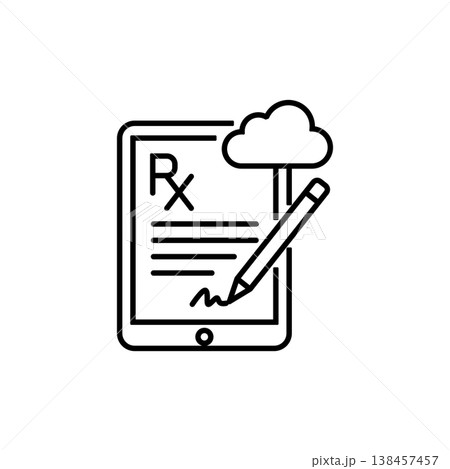 Electronic medical prescription on a tablet screen with an 'Rx' symbol, digital signature, and cloud connectivity. 138457457