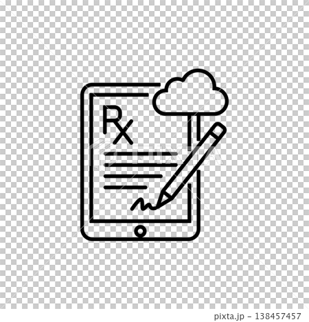 Electronic medical prescription on a tablet screen with an 'Rx' symbol, digital signature, and cloud connectivity. 138457457
