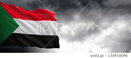 National flag of Sudan with dark clouds in the background, 3D rendering	 138458046