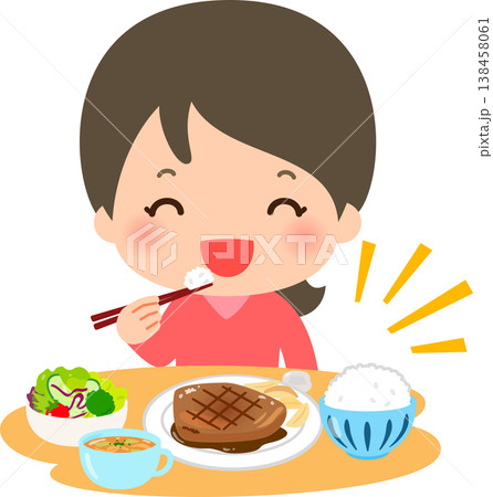 肉がメインの洋食を食べる若い女性 138458061