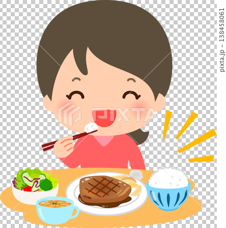 肉がメインの洋食を食べる若い女性 138458061