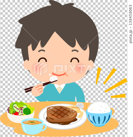 肉メインの洋食を食べる若い男性 肉メインの洋食を食べる若い男性 138458063