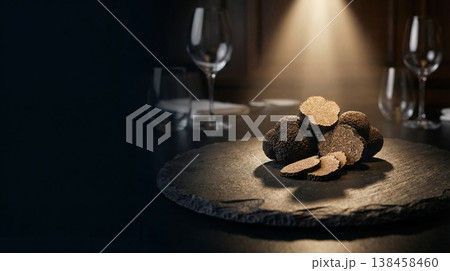 Black truffle on stone plate in restaurant setting with copy space Black truffle on stone plate in restaurant setting with copy space 138458460