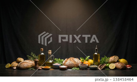 Assorted gourmet food ingredients on table with copy space on dark background Assorted gourmet food ingredients on table with copy space on dark background 138458464