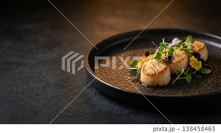 Seared scallops with microgreens on dark plate with copy space Seared scallops with microgreens on dark plate with copy space 138458465