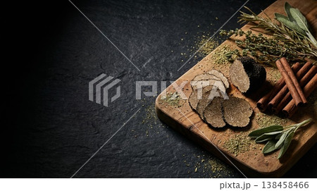 Sliced black truffle on wooden board with herbs and spices on dark background with copy space 138458466