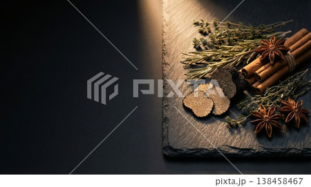 Gourmet truffles with herbs and spices on dark background with copy space 138458467