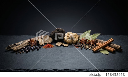 Gourmet appetizer composition on dark background with copy space 138458468