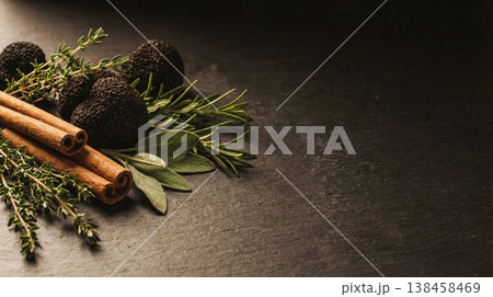 Black truffles with herbs and spices on dark background with copy space 138458469
