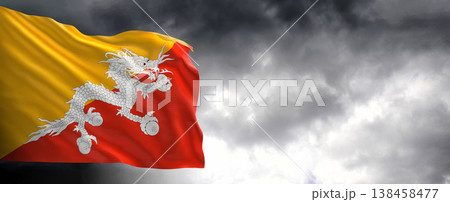 National flag of Bhutan with dark clouds, 3D rendering National flag of Bhutan with dark clouds, 3D rendering 138458477
