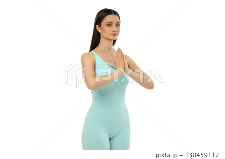 Yoga poses by a woman with hands together in a space, PNG 138459112