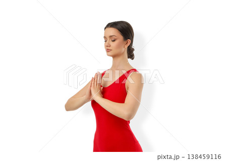 Yoga poses are performed by a woman standing still, PNG 138459116