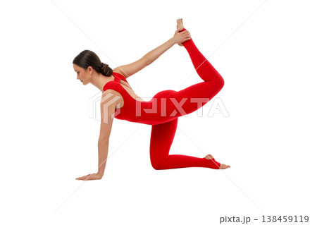 Yoga practice shows a woman in a balanced pose, PNG 138459119