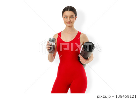 Yoga practice with mat and bottle for fitness routine, PNG Yoga practice with mat and bottle for fitness routine, PNG 138459121