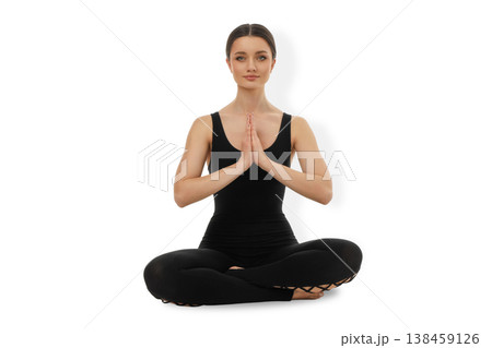 Yoga practice with a young woman sitting in a pose, PNG 138459126