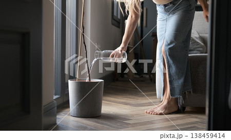 Anonymous transgender woman pouring water in potted plant at home 138459414