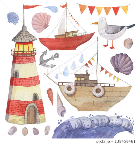 A set of watercolor illustrations on a marine theme isolated on a white background 138459461