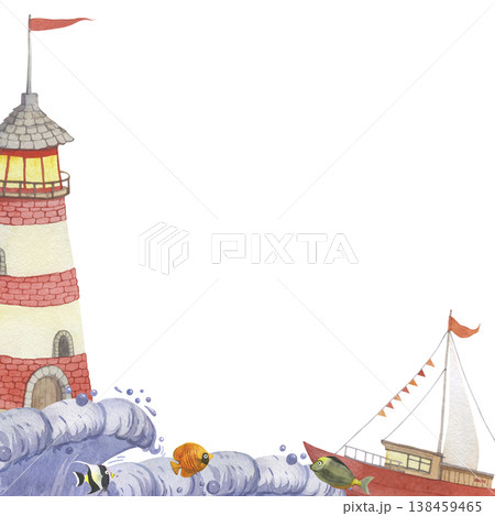 Watercolor illustration with a lighthouse and a boat on the background of a sea wave Watercolor illustration with a lighthouse and a boat on the background of a sea wave 138459465
