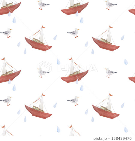 Watercolor seamless pattern with red sailboat and seagull Watercolor seamless pattern with red sailboat and seagull 138459470