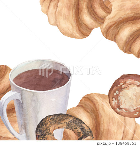 Watercolor frame with croissant, bagel and cup of tea 138459553