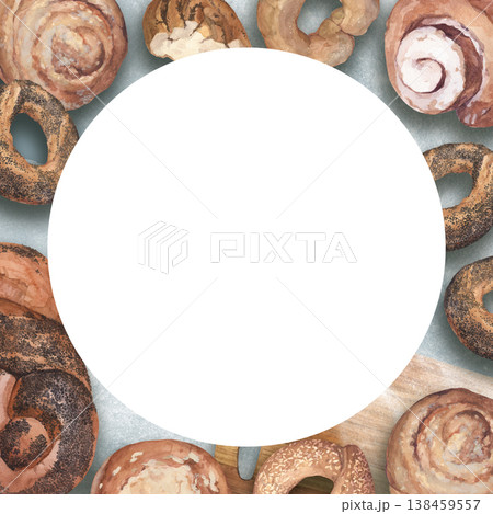 Watercolor frame with delicious hot pastries 138459557