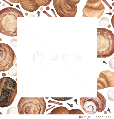 Watercolor frame with delicious hot pastries 138459571