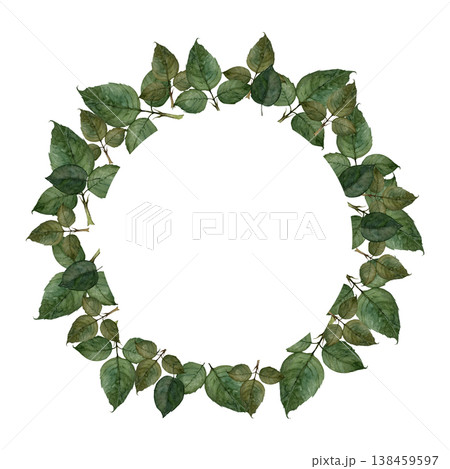 Watercolor green leaf frame with white circle Watercolor green leaf frame with white circle 138459597