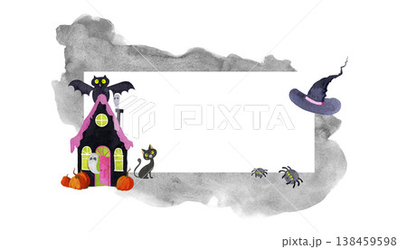 Rectangular watercolor frame with a haunted house, funny spiders and a witch hat Rectangular watercolor frame with a haunted house, funny spiders and a witch hat 138459598