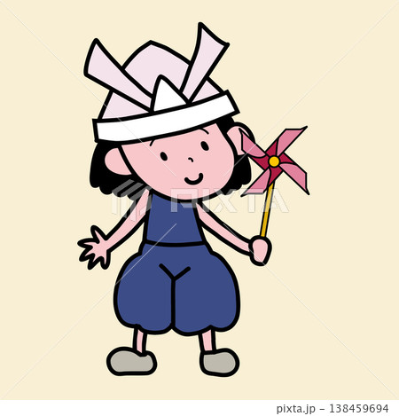 端午の節句にピンクの折り紙の兜を被って手に風車を持った女の子の全身イラスト 端午の節句にピンクの折り紙の兜を被って手に風車を持った女の子の全身イラスト 138459694