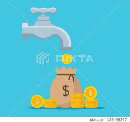 Money falling from a water tap into a money bag 138459867