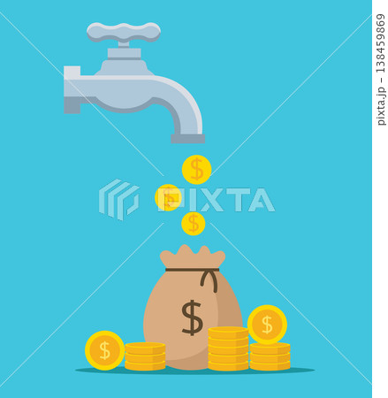 Money falling from a water tap into a money bag Money falling from a water tap into a money bag 138459869