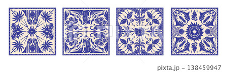 Summer bandana square print, hand drawn coastal tropical pattern tile blue vintage exotic fabric.  138459947