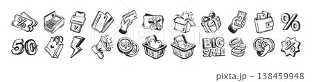 Shopping sale doodle icon, hand drawn discount e-commerce sign, business money minimal web logo. Shopping sale doodle icon, hand drawn discount e-commerce sign, business money minimal web logo. 138459948